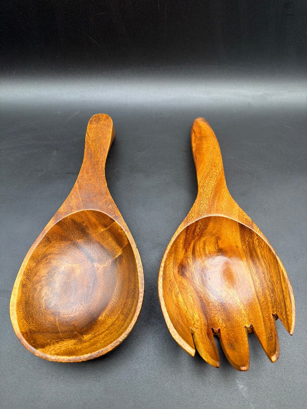 Vintage Hand Carved Wooden Salad Serving Spoon Fork Set 10in Wood Utensils